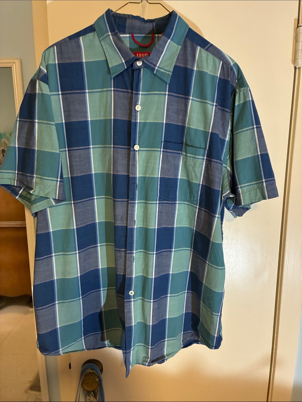 Izod Men’s Short-Sleeve Plaid Button-Down Shirt in Blue and Teal